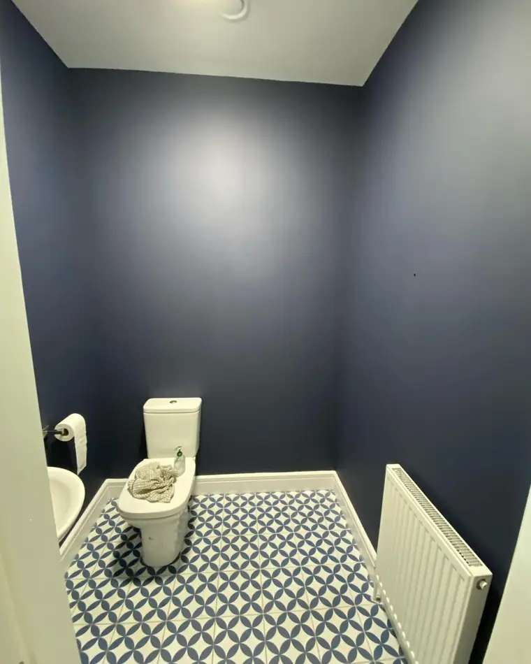 Small bathroom painted a deep navy above patterned floor tiles