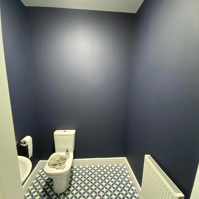 Small bathroom painted in a deep navy above patterned floor tiles